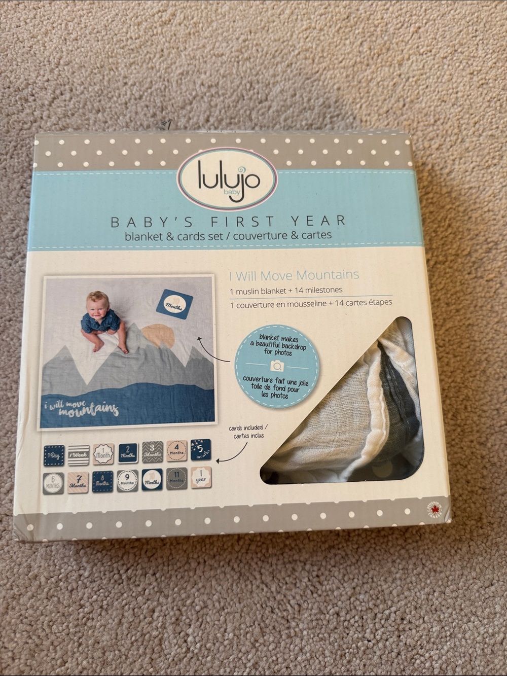 "I Will Move Mountains"  Blanket & Card Set - Blue & Gray